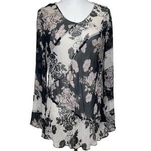 Vintage Spenser Jeremy Blouse 1X Black White‎ Silk Floral Sheer Bell Sleeve Y2K
